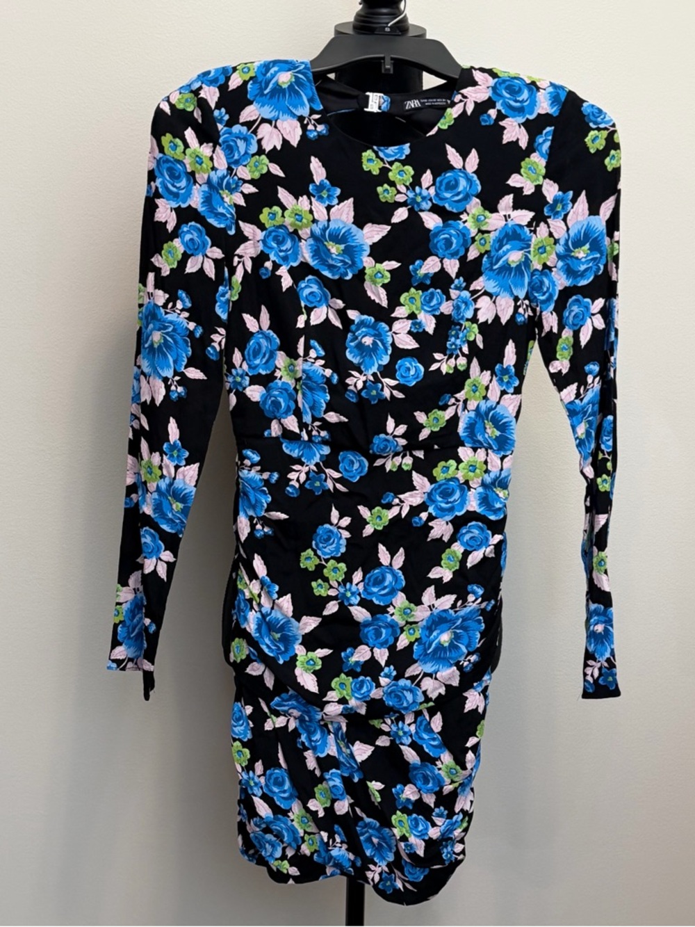 Zara Long Sleeve Floral Bodycon Dress Women XS Open Back Black Blue Mini Ruching